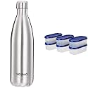 Amazon Brand - Solimo Stainless Steel Insulated Bottle, 24 Hours Hot or Cold, 1000 ml &amp; Amazon Brand - Solimo Modular Plastic Storage Containers with Lid, Set of 6, 525ml