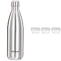 Amazon Brand - Solimo Stainless Steel Insulated Bottle, 24 Hours Hot or Cold, 1000 ml &amp; Amazon Brand - Solimo Airtight Borosilicate Glass Container Set (3 Pieces, 350ml)
