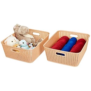 amazon brand - solimo plastic storage basket set of 2 large beige