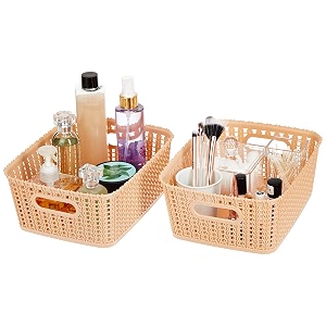amazon brand - solimo plastic storage basket beige medium 240 x 200 x 100 mm set of 2