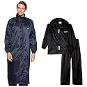 Amazon Brand - Solimo Water Resistant Polyester Long Rain Coat, Blue, Large Water Resistant Polyester Rain Coat with Pant, Black, XX Large