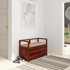 amazon brand - solimo zerri solid sheesham wood shoe storage cabinet with trunk box and bench honey finish