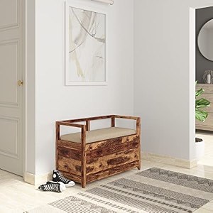 amazon brand - solimo zerri solid sheesham wood shoe storage cabinet with trunk box and bench natural finish