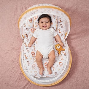 amazon brand - supples baby bed mattress with mosquito net  animal print  orange