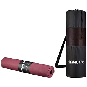 amazon brand - symactive 6mm premium anti-skid super soft single color tpe yoga mat with carry bag maroon