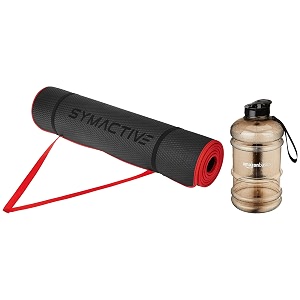 amazon brand - symactive vinyl anti-slip exercise yoga mat and amazon basics sports water bottle andsports water bottle with handle black