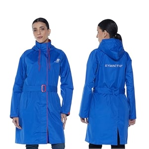 amazon brand - symactive rain coat for women  waterproof polyester with pvc coating  hooded long coat with belt  seam sealed  reflective branding  blue amp red m