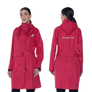amazon brand - symactive rain coat for women  waterproof polyester with pvc coating  hooded long coat with belt  seam sealed  reflective branding  pink amp black s