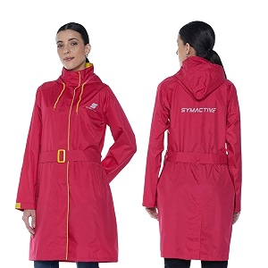 amazon brand - symactive rain coat for women  waterproof polyester with pvc coating  hooded long coat with belt  seam sealed  reflective branding  pink amp yellow l