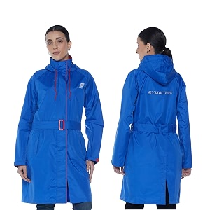 amazon brand - symactive rain coat for women  waterproof polyester with pvc coating  hooded long coat with belt  seam sealed  reflective branding  blue amp red l