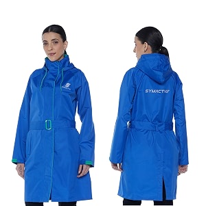 amazon brand - symactive rain coat for women  waterproof polyester with pvc coating  hooded long coat with belt  seam sealed  reflective branding  blue amp green xl