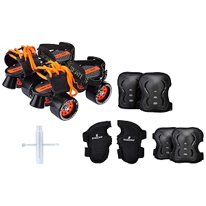 amazon brand - symactive roller derby wheel skates combo kit  durable amp adjustable  for 6 to 14 years  unisex  skates with knee guard elbow guard wrist guard key  pvc  black