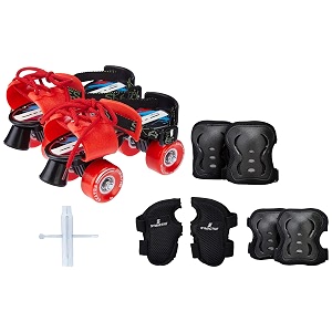amazon brand - symactive roller derby wheel skates combo kit  durable amp adjustable  for 6 to 14 years  unisex  skates with knee guard elbow guard wrist guard key  pvc  red black
