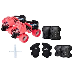 amazon brand - symactive roller derby wheel skates combo kit  durable amp adjustable  for 6 to 14 years  unisex  skates with knee guard elbow guard wrist guard key  pvc  pink