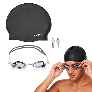 amazon brand - symactive unisex swimming goggles amp swimming cap  anti-fog goggles with adjustable strap  silicone free size cap  waterproof  black
