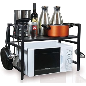 amazon brand - umi 1 tier metal expandable microwave oven rackhorizontal extension microwave shelf stand kitchen countertop organizer with 4 hook - black color 1 tier
