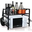 Amazon Brand - Umi 1 Tier Metal Expandable Microwave Oven Rack,Horizontal Extension Microwave Shelf Stand Kitchen Countertop Organizer with 4 Hook - Black Color (1 Tier)