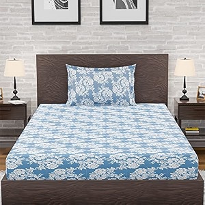 amazon brand  umi 144 tc 100 cotton printed single bedsheet set with one pillow case  twin sheet setbreathable and skin friendly oeko-tex certified 60x90 inches meadow - blue