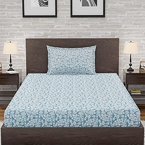 amazon brand  umi 144 tc 100 cotton printed single bedsheet set with one pillow case  twin sheet setbreathable and skin friendly oeko-tex certified 60x90 inches floral stencil - blue