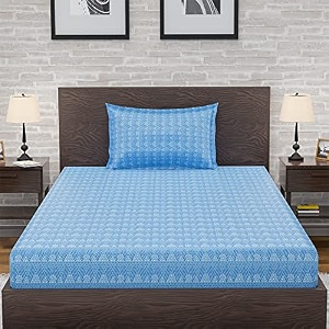 amazon brand  umi 144 tc 100 cotton printed single bedsheet set with one pillow case  twin sheet setbreathable and skin friendly oeko-tex certified 60x90 inches geometric zig - blue
