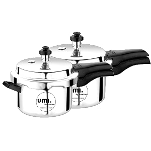 amazon brand - umi induction base aluminium pressure cooker with outer lid 2 pcs cooker combo - 2 ltr  3 ltr silver