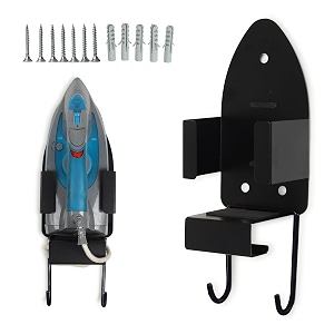 amazon brand - umi ironforce iron board holder portable ironing board hanger wall mounted for household laundry roomelectric holder with steel hooks space saving design with cable organiser black