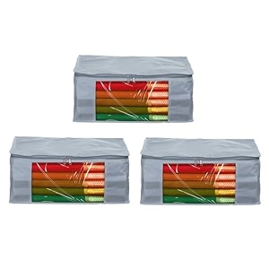 amazon brand - umi non-woven plain saree covercloth storageorganizer with transparent window pack of 3 grey