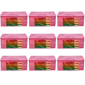 amazon brand - umi non-woven plain saree covercloth storageorganizer with transparent window pack of 9 pink