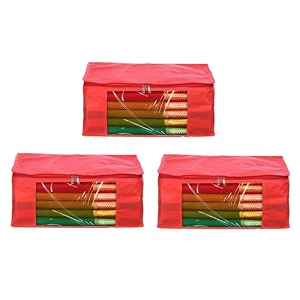 amazon brand - umi non-woven plain saree covercloth storageorganizer with transparent window pack of 3 red