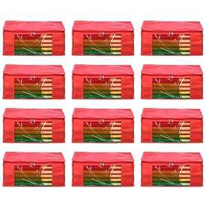 amazon brand - umi non-woven plain saree covercloth storageorganizer with transparent window pack of 12 red