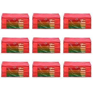 amazon brand - umi non-woven plain saree covercloth storageorganizer with transparent window pack of 9 red