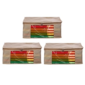 amazon brand - umi non-woven plain saree covercloth storageorganizer with transparent window pack of 3 beige