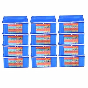 amazon brand - umi non-woven plain saree covercloth storageorganizer with transparent window pack of 12 blue
