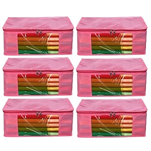 amazon brand - umi non-woven plain saree covercloth storageorganizer with transparent window pack of 6 pink