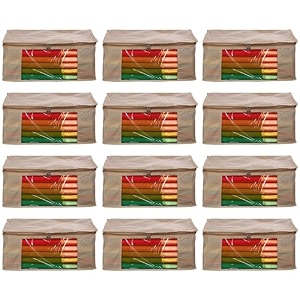 amazon brand - umi non-woven plain saree covercloth storageorganizer with transparent window pack of 12 beige