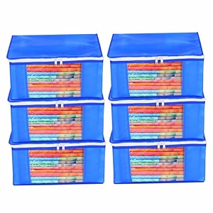 amazon brand - umi non-woven plain saree covercloth storageorganizer with transparent window pack of 6 blue