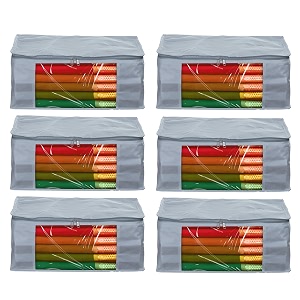 amazon brand - umi non-woven plain saree covercloth storageorganizer with transparent window pack of 6 grey