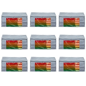 amazon brand - umi non-woven plain saree covercloth storageorganizer with transparent window pack of 9 grey