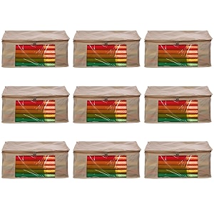 amazon brand - umi non-woven plain saree covercloth storageorganizer with transparent window pack of 9 beige
