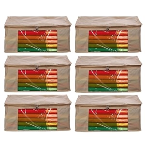 amazon brand - umi non-woven plain saree covercloth storageorganizer with transparent window pack of 6 beige