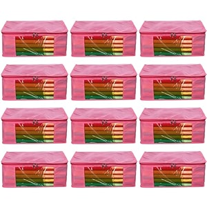 amazon brand - umi non-woven plain saree covercloth storageorganizer with transparent window pack of 12 pink
