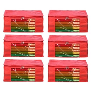 amazon brand - umi non-woven plain saree covercloth storageorganizer with transparent window pack of 6 red