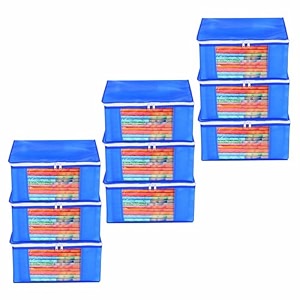 amazon brand - umi non-woven plain saree covercloth storageorganizer with transparent window pack of 9 blue