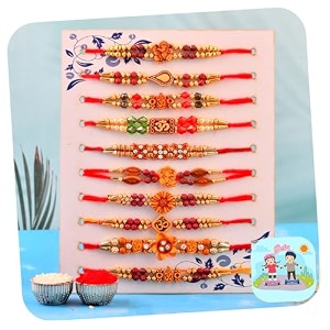 amazon brand - umi rakhi combo set of 10 for brother bhaiya with 1 fridge magnet boy men set of 10 rakhis set kundan pearl rakhi for rakshabandhand thread set