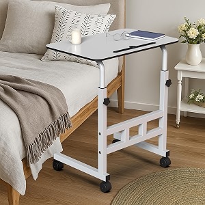 amazon brand - umi wooden multipurpose adjustable height adjustable rolling side table with wheels for home study office and bedroom - white
