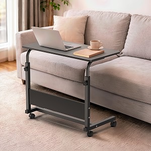 amazon brand - umi wooden multipurpose adjustable height adjustable rolling side table with wheels for home study office and bedroom big size-black