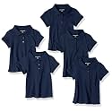 Amazon Essentials Girls and Toddlers' Short Sleeve School Uniform Interlock Polo Shirt, Collared, Multipacks