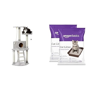 amazonbasics cat tree with platform grey1 piecex-large amp amazonbasics scoopable smart bentonite cat litter lavender fragrance scented cat litter 5kg pack of 2