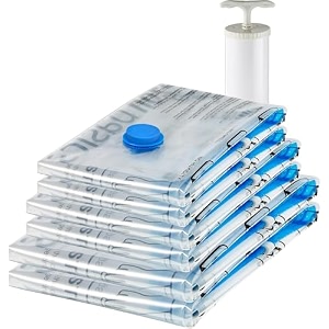 amazon basics vacuum compression storage bags with hand pump - 6-pack 2 jumbo 2 large 2 medium plastic transparent