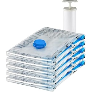 amazon basics vacuum compression storage bags with hand pump - large 5-pack plastic